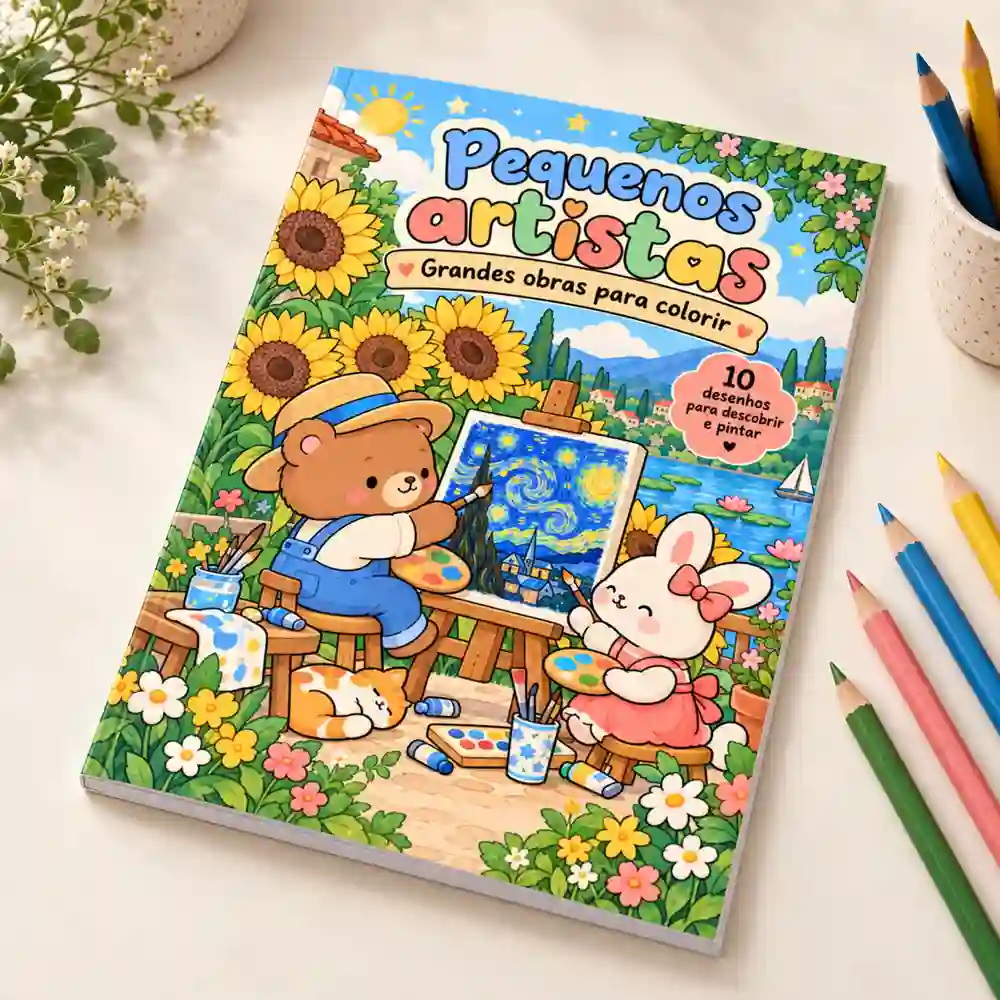 Capa do livro Pequenos Artistas: grandes obras para colorir, com urso e coelho pintando em um jardim
