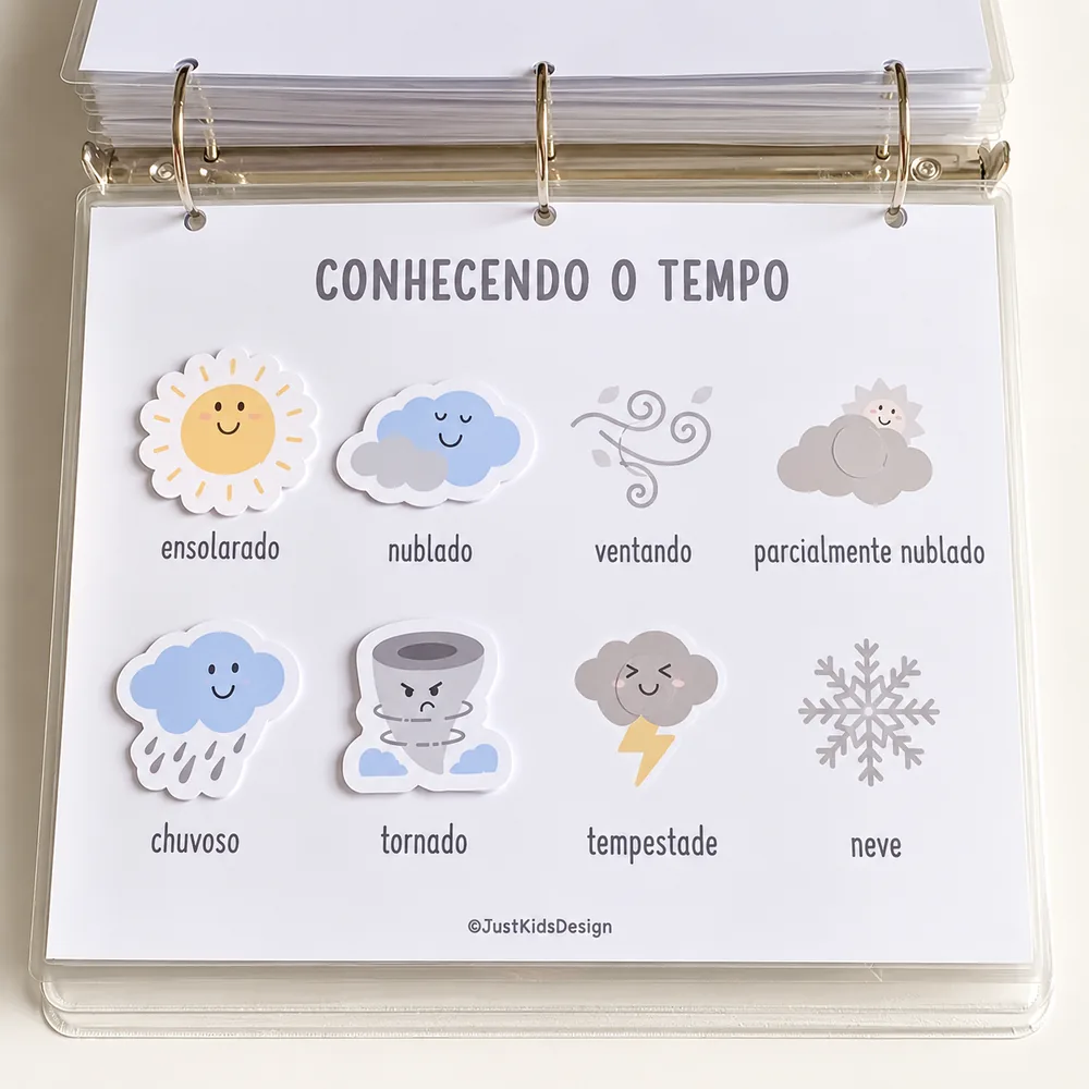 Página com símbolos do tempo — sol, nuvens, chuva, vento e neve — e recortes para combinar com cada silhueta