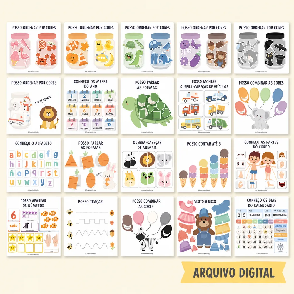 Grade de atividades do arquivo digital, com ordenar por cores, meses do ano, alfabeto, quebra-cabeças e partes do corpo
