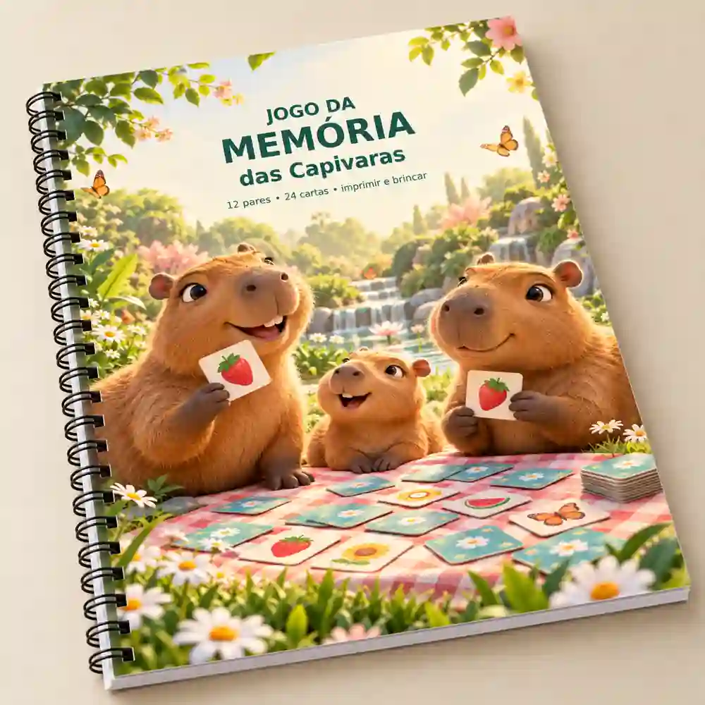Capa do Jogo da Memória das Capivaras: 12 pares, 24 cartas, para imprimir e brincar, com capivaras em um piquenique