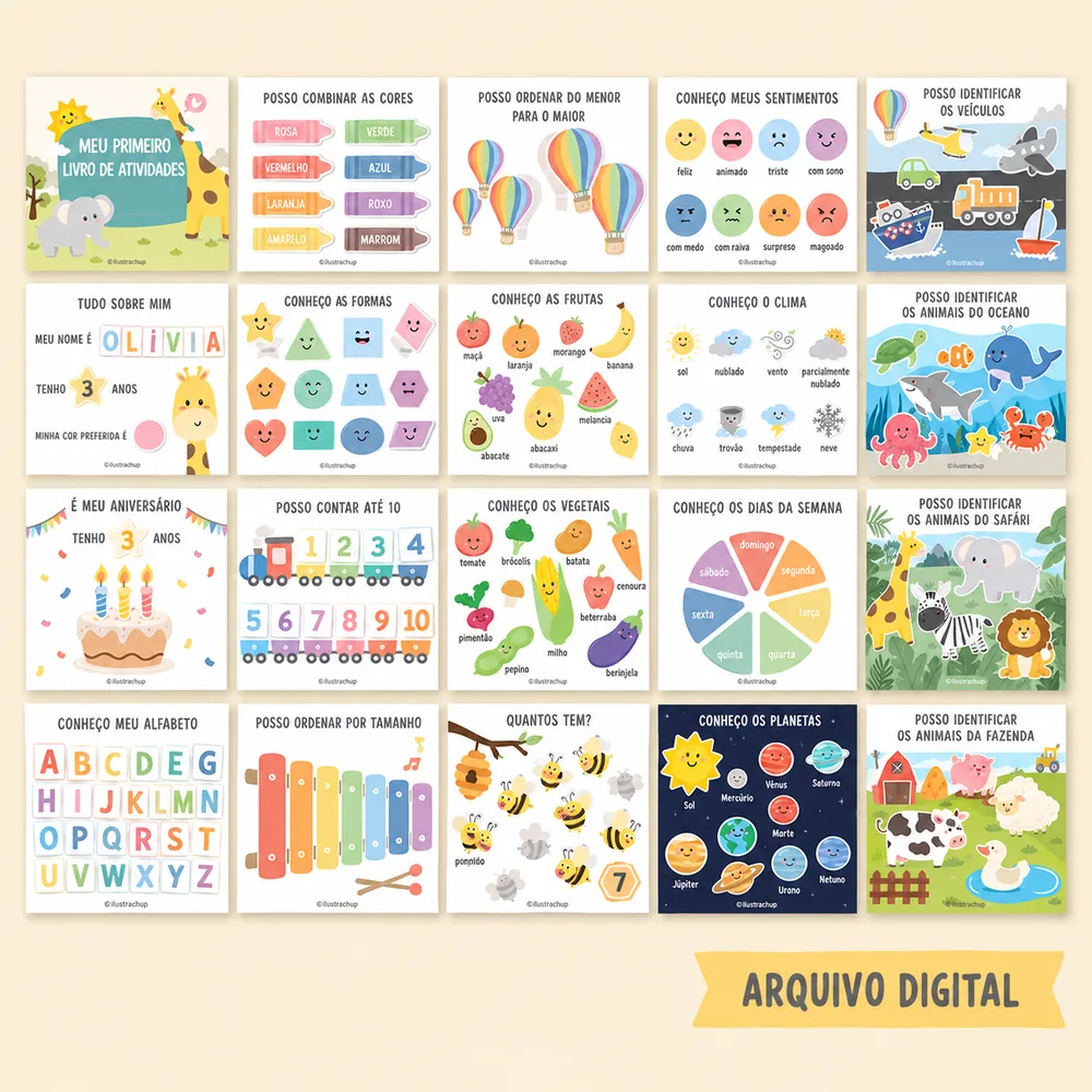 Grade com vinte páginas de amostra do livro, com atividades de cores, formas, frutas, vegetais, alfabeto, planetas e animais