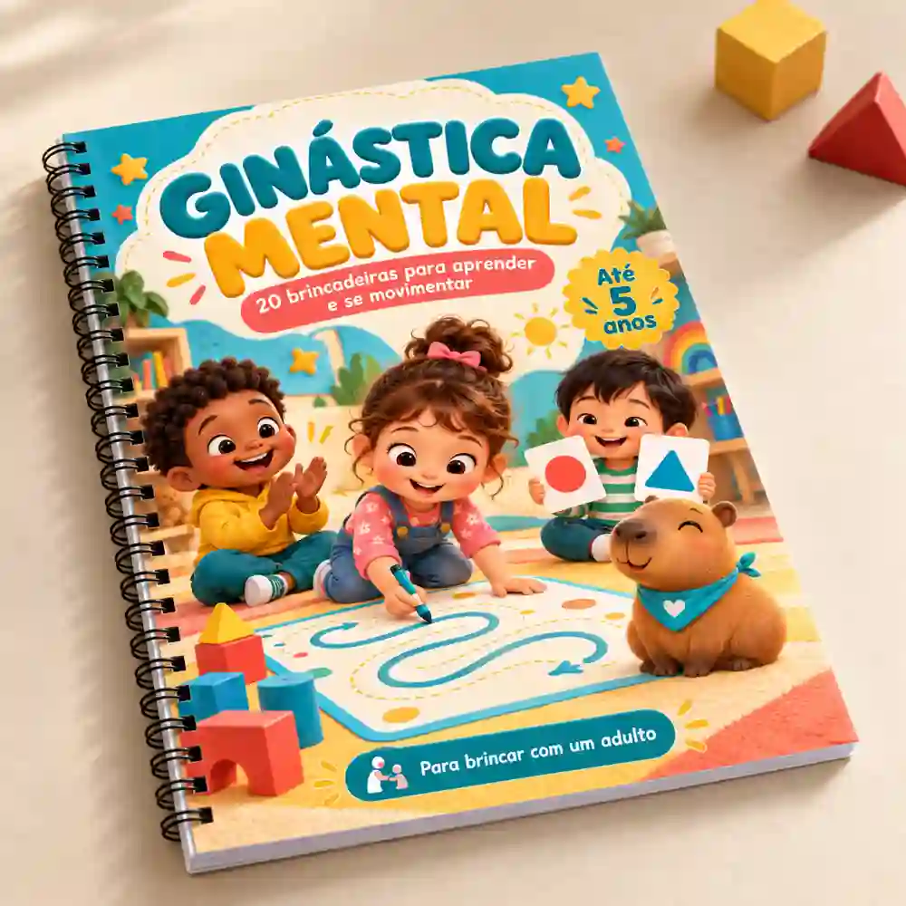 Capa do caderno Ginástica Mental: 20 brincadeiras para aprender e se movimentar, até 5 anos, com crianças e uma capivara