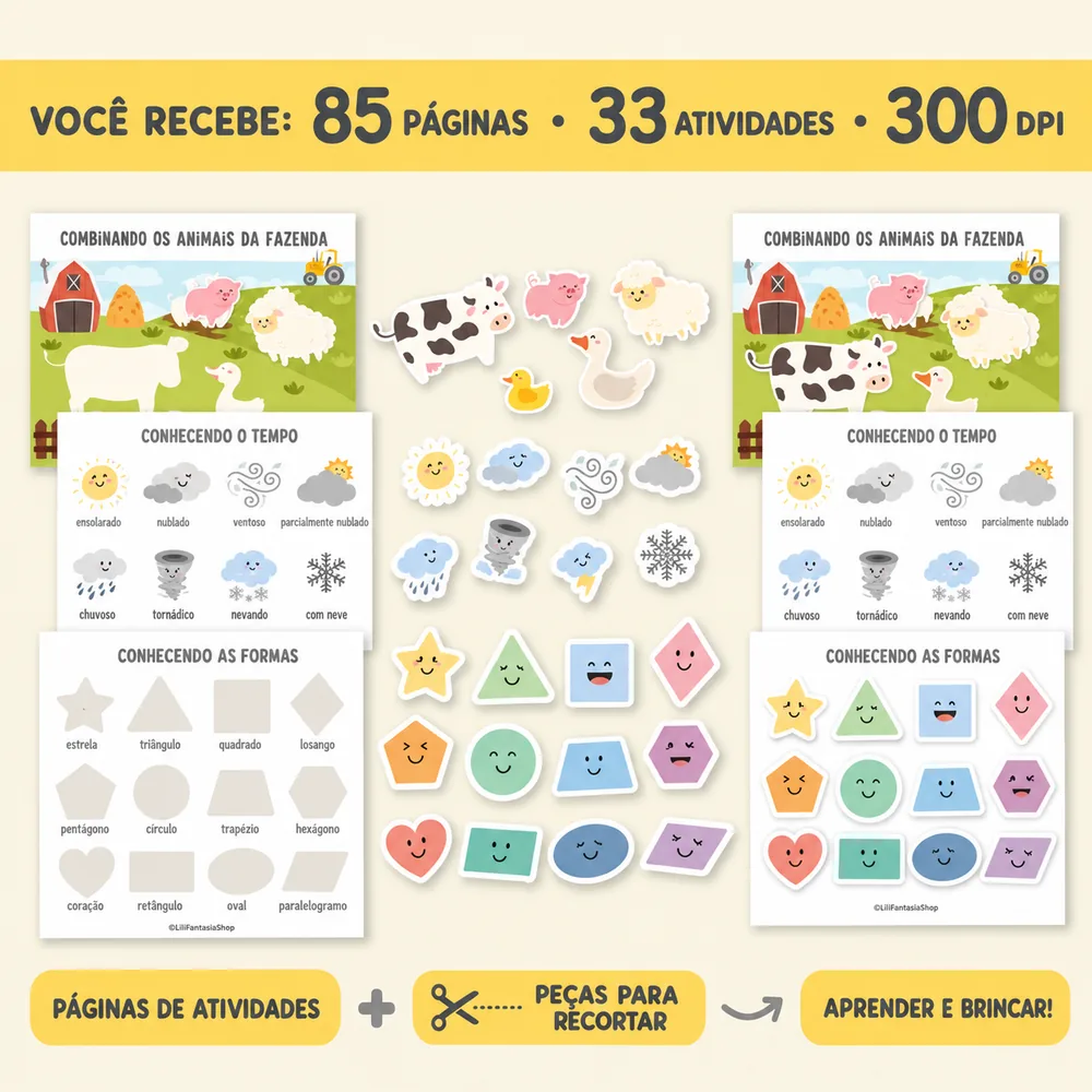 Infográfico em três passos: páginas de atividades, peças para recortar e o resultado final da brincadeira