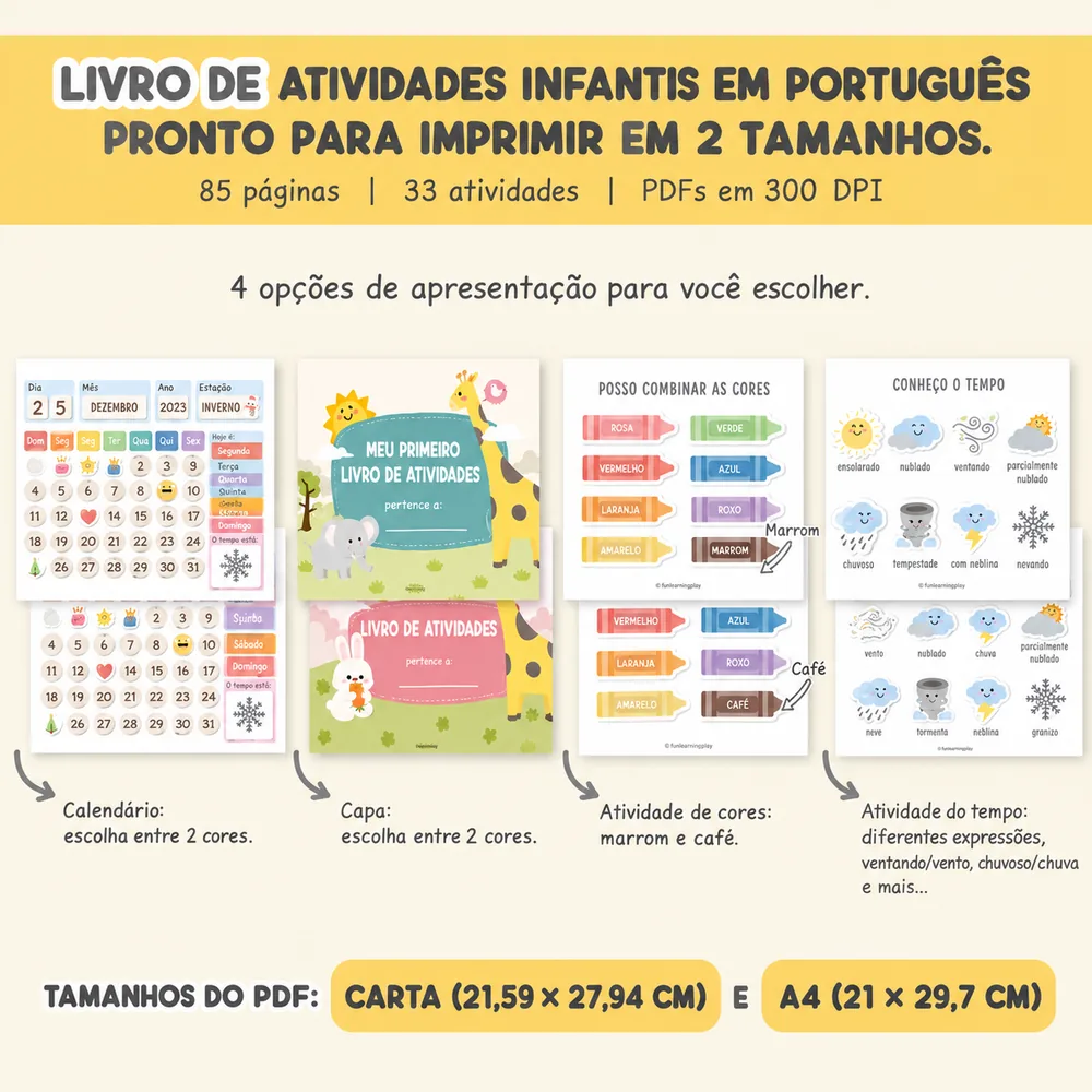 Cartaz do produto mostrando as opções de capa e de calendário e os tamanhos de PDF carta e A4
